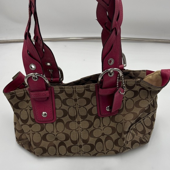 Coach Signature Brown Jaquard Canvas Pink Braided Leather Shoulder Bag - Picture 1 of 12